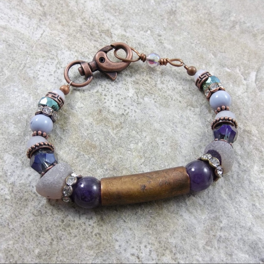 Etched copper and amethyst bracelet